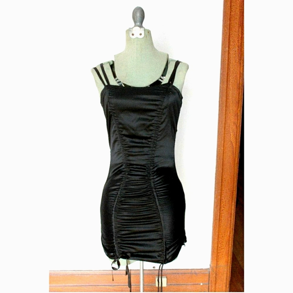 BARBEAU Black Satin Lingerie Dress with Double Ribbons